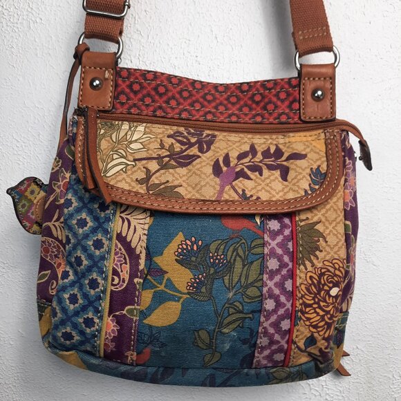 Vintage Fossil Canvas & Leather Floral Crossbody Bag Purse Medium Bird Charm y2k - Picture 1 of 11